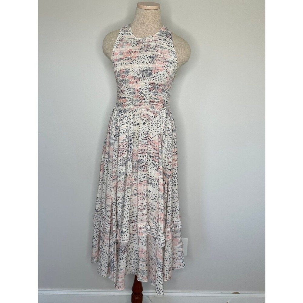 Rebecca Taylor Women's 100% Silk Print Fit Flare Dress Smocking Sleeveless Sz 2